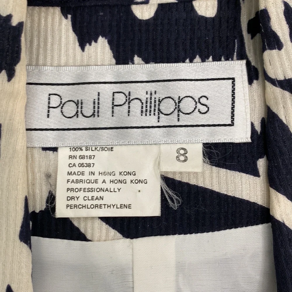 Vintage Silk Black and White Paul Philipps Double Breasted Blazer w Pockets - 8